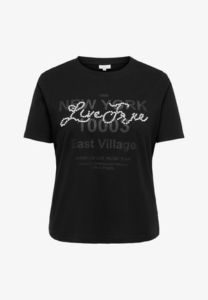 Zwart T-shirt met korte mouwen, bedrukt met de tekst "New York 10003 East Village" en "luxury" in witte, parelachtige kralen over de voorkant.