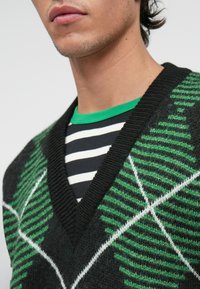 Schwarzer Pullover mit grünem Blattmuster und weißen Akzenten, V-Ausschnitt-Design, getragen über einem schwarz-weißen gestreiften Hemd mit grünem Kragen.