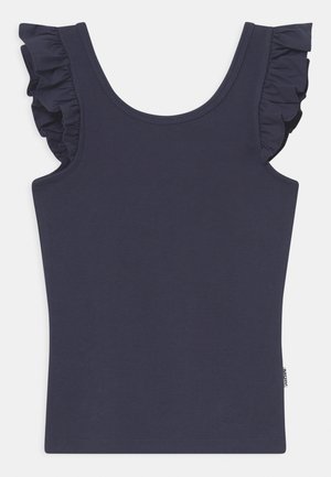 Marineblå tanktop med ribbet tekstur, der har volangdetaljer på ærmerne. Blødt stof, rund halsudskæring og tætsiddende design.