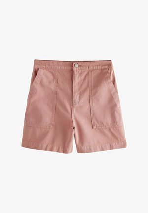 Shorts roz din bumbac, cu o croială lejeră, având două buzunare mari în față și un sistem de închidere cu nasture la talie. Textură netedă.