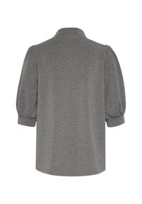 Gray short-sleeve shirt featuring a collared neck and puffed sleeves; smooth texture with a relaxed fit and rounded hem.