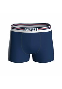 Boxer blu navy con elastico bianco su cui è riportata la scritta "PATRIOTS" e il logo dei New England Patriots, con strisce rosse e blu.
