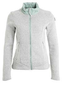 Veste en polaire gris clair pour femmes avec fermeture éclair, col montant, deux poches avant zippées et coutures ajustées.