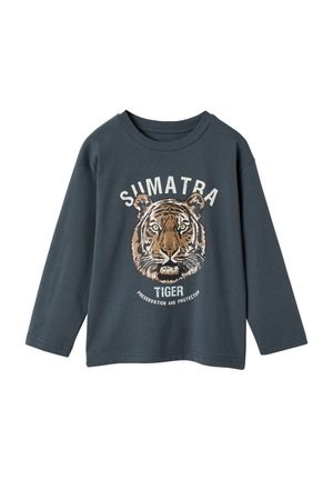 Dunkelgraues Langarmshirt mit einem Tiger-Graphic und dem Text "SUMATRA TIGER" sowie "ERHALTUNG UND SCHUTZ" darunter. Baumwollmaterial.