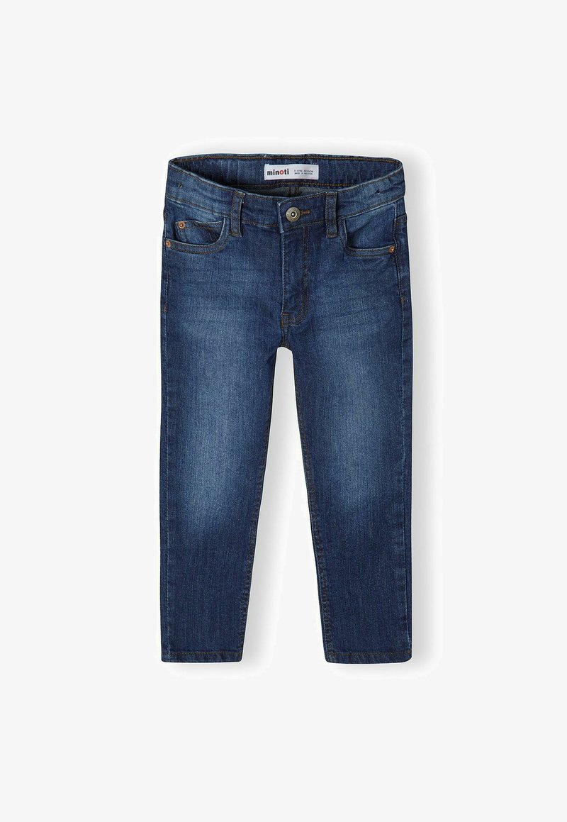 Temno modri denim hlače s ožjim krojem, oblikovane s petimi žepi in vidnim šivanjem. Imajo označen pas z blagovno znamko in kovinsko zapiranje na gumb.