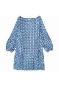 Blouse à motif bleu avec un motif carré, coupe ample, manches larges et encolure bateau. Tissu léger avec une texture lisse.