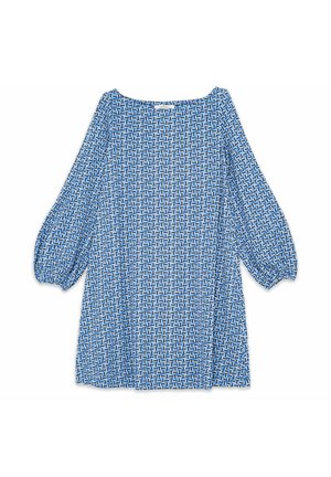 Blusa con motivo a quadrati blu, vestibilità ampia, maniche larghe e scollo a barca. Tessuto leggero con texture liscia.