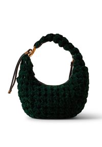 Dark green velvet handbag with woven texture, curved handle, gold hardware, and black leather zipper pull on a white background.