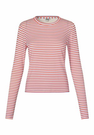 Valge puuvillane pikkade varrukatega krobelise kaelusega ja triibuline, punased ja helesinised horisontaalsed triibud, sile tekstuur.