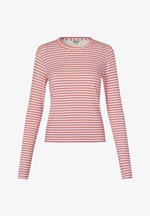 Bluză cu mâneci lungi, croită, din bumbac alb cu dungi orizontale roșii și albastre deschise. Guler rotund ribetat și textură fină.