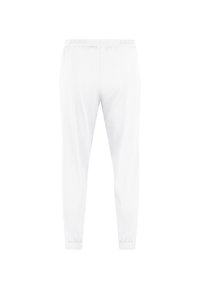 Weiße Jogginghosen aus weichem Stoff, mit einem elastischen Bund und "JAKO"-Logo sowie engen Bündchen an den Knöcheln.