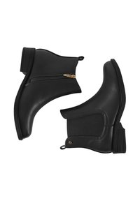 Stivaletti neri alla caviglia realizzati in materiale sintetico liscio. Presentano una cerniera sul lato con dettagli in oro. Notevoli pannelli elastici laterali e suola texturizzata.