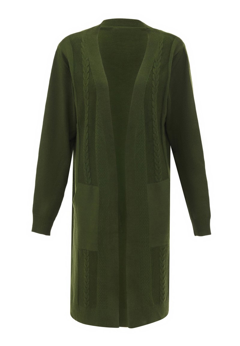 Cardigan lungo verde oliva con apertura frontale, caratterizzato da motivi a treccia testurizzati lungo i lati e due tasche frontali.
