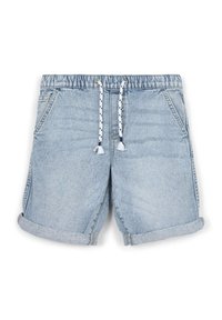 Hellblaue Jeansshorts mit elastischem Bund, weißem Kordelzug mit marineblauen Akzenten und umgeschlagenen Säumen. Enthält Seitentaschen.