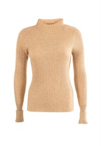 Maglione beige a costine con collo alto, maniche lunghe e silhouette aderente. Presenta un tessuto texturizzato e dettagli nuances ai polsini.