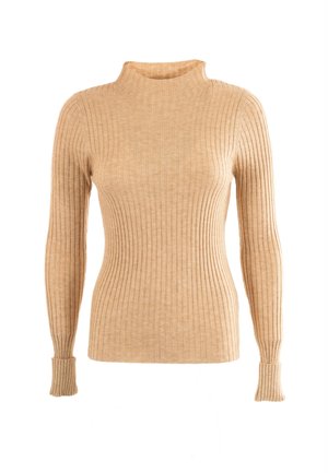 Beige geribbelde trui met hoge hals, lange mouwen en een aansluitende silhouet. Kenmerkt zich door een gestructureerde stof en subtiele manchet-details.