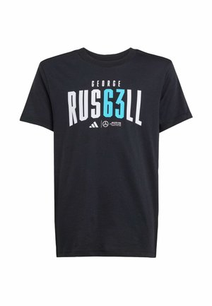 Sort bomulds T-shirt med korte ærmer, der har dristige grafik i hvid og turkis, herunder navnet "GEORGE" og "RUS63LL."
