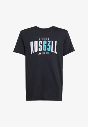 Crna pamučna majica kratkih rukava s odvažnim bijelim i tirkiznim grafičkim elementima, uključujući ime "GEORGE" i "RUS63LL."