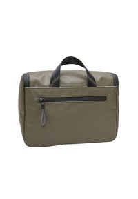 Borsa cosmetica verde oliva realizzata in materiale resistente, con un corpo testurizzato, accenti neri a contrasto e una tasca posteriore con zip.