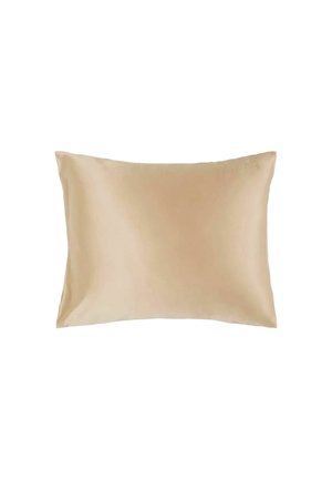 Rechthoekig beige kussen met glad satijnen stof en subtiel borduurdetail in de rechterbovenhoek op een witte achtergrond.