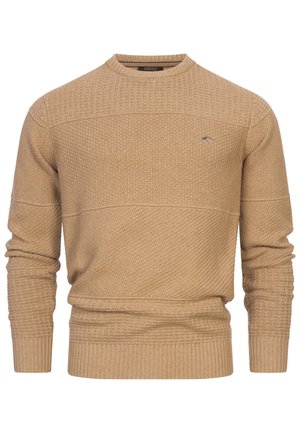 Maglione a maglia beige con un motivo testurizzato, polsini e vita a costine. Presenta un piccolo logo sul petto e un collo a giro.