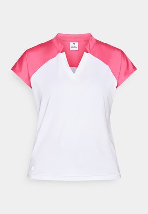 Women's short-sleeve polo shirt featuring a white body with pink satin accents on the shoulders and a v-neck design. Made from breathable fabric.