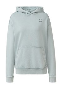 Lichtblauwe hoodie van zachte katoen. Beschikt over een kangoeroe-pocket, ribgebreide manchetten en een klein gedrukt tekstdetail aan de voorkant.