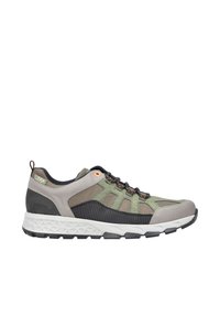 Synthetic athletic shoe in gray, green, and black. Features textured mesh, reinforced toe, and textured sole with detailed accent stitching.