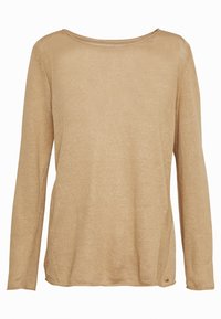 Beige Pullover mit langen Ärmeln aus strukturiertem Strickstoff, einem weiten Halsausschnitt und seitlichen Schlitzen. Lockerer Schnitt mit sichtbaren Nahtakzenten.