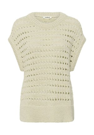 Pull en maille à manches courtes de couleur crème avec un motif ajouré et un col rond, étiquette "soaked" à l'intérieur du col.