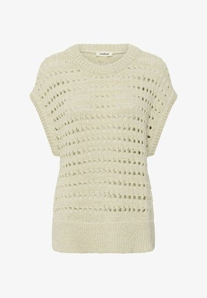 Pull en maille à manches courtes de couleur crème avec un motif ajouré et un col rond, étiquette "soaked" à l'intérieur du col.