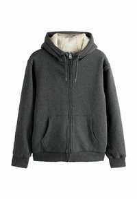 Graue Zip-Hoodie mit gefüttertem Innenbereich, Fronttaschen und verstellbaren Kordeln. Hergestellt aus weichem Stoff mit gerippten Bündchen und Saum.