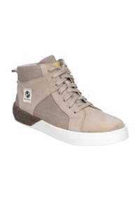 Beżowe trampki typu high-top, wykonane z połączenia zamszu i materiału canvas, z białą gumową podeszwą i naszywką z logo na boku. Posiadają teksturowane akcenty.