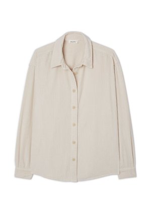 Lichtbeige corduroy shirt met een kraag, lange mouwen en knoopsluiting. Heeft een verticale ribbeltextuur en subtiele knoopaccenten.