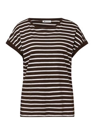 Brązowo-biały t-shirt z krótkim rękawem w poziome pasy, z okrągłym dekoltem i zakończonymi mankietami rękawami.