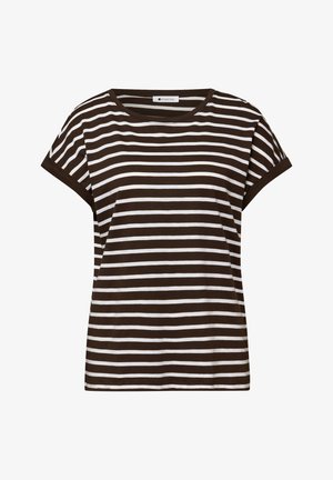 Brązowo-biały t-shirt z krótkim rękawem w poziome pasy, z okrągłym dekoltem i zakończonymi mankietami rękawami.