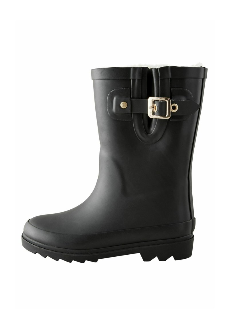 Schwarzer Gummistiefel mit einer Schnallenakzent, Kunstfellfutter, strukturiertem Profil und einem breiten Schaft für ein einfaches Anziehen.