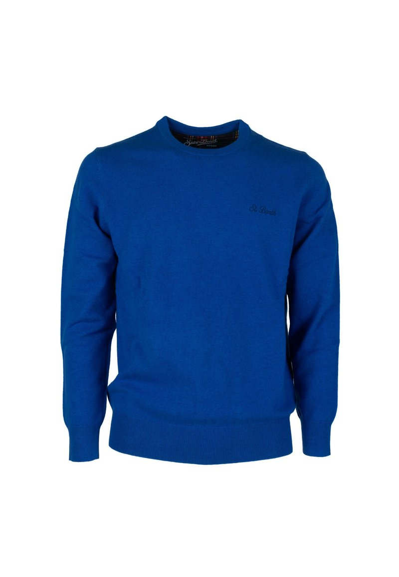 Maglione blu lavorato a maglia con scollo rotondo, maniche lunghe e orlo a coste. Presenta un ricamo discreto del logo in nero sul petto.