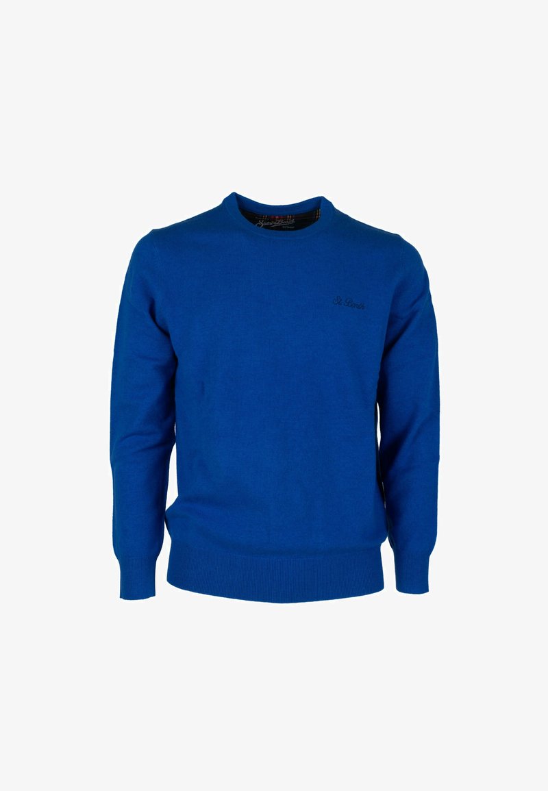 Maglione blu lavorato a maglia con scollo rotondo, maniche lunghe e orlo a coste. Presenta un ricamo discreto del logo in nero sul petto.