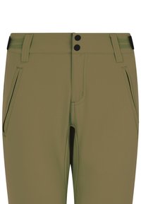 Olijfgroene broek van een gladde, elastische stof; beschikt over twee zijzakken en een ritssluiting met twee zwarte knopen.