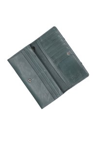 Lederbörse in Teal, mit mehreren Kartenfächern, einem Reißverschlussfach und einem Druckverschluss. Strukturiert Oberfläche mit geprägtem Branding.