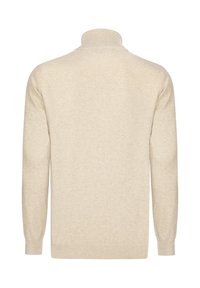 Beige Strickpullover mit hohem Rippkragen, langen Ärmeln sowie Rippbündchen und -saum. Weiche Textur, schlichtes Design, keine Muster oder Hardware.