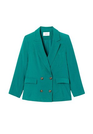 Blazer double boutonnage bleu sarcelle avec revers crantés, deux poches à rabat, et boutons marron, posé à plat sur un fond blanc.