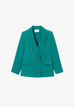 Blazer double boutonnage bleu sarcelle avec revers crantés, deux poches à rabat, et boutons marron, posé à plat sur un fond blanc.