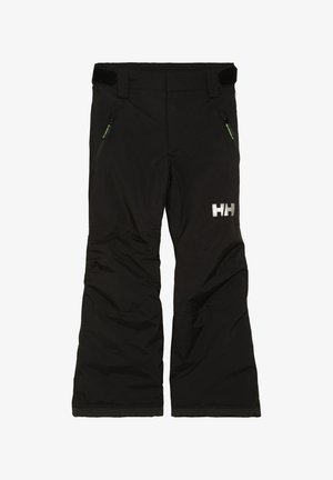 Zwarte waterdichte skibroek met een relaxte pasvorm, voorzien van twee ritszakken aan de zijkant en een reflecterend logo op de linker dij.