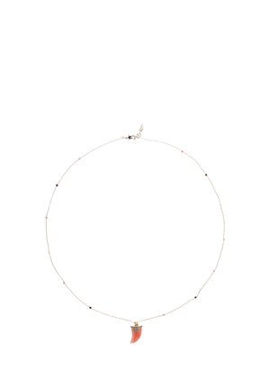 Delicate silver chain necklace with small pink and red beads and a coral-colored horn-shaped pendant accented with gold and rhinestones.