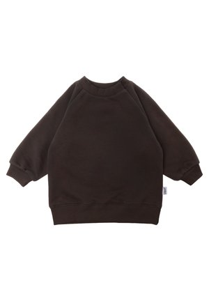 Mørkebrun langærmet sweatshirt til småbørn med ribstrikkede manchetter, kant og halsudskæring, lagt fladt på en hvid baggrund.