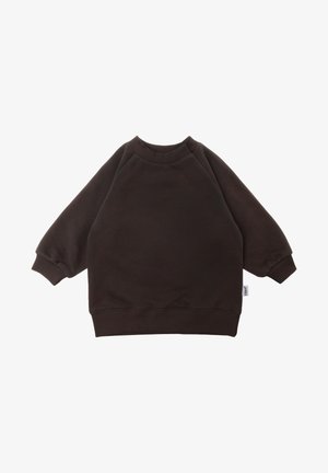 Mørkebrun langærmet sweatshirt til småbørn med ribstrikkede manchetter, kant og halsudskæring, lagt fladt på en hvid baggrund.