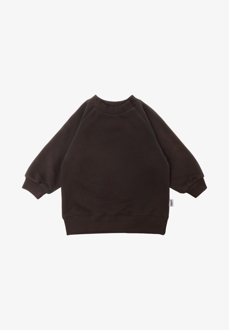 Sweatshirt pour tout-petit à manches longues de couleur brun foncé avec poignets, ourlet et col côtelés, posé à plat sur un fond blanc.