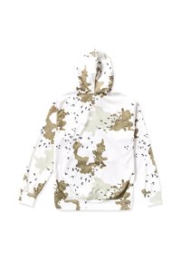 Sudadera con capucha en blanco con un patrón de camuflaje que presenta tonos de beige, gris y negro. El material parece suave y tiene un corte relajado.